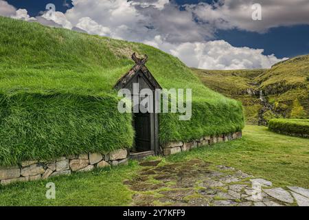 Historical Reconstruction of an Icelandic Turf Farm, Iceland Stock Photo