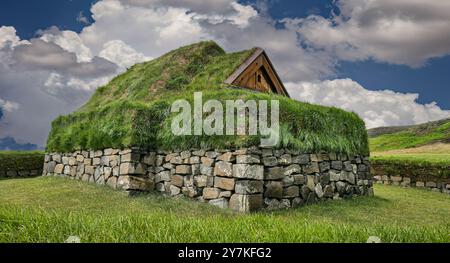 Historical Reconstruction of an Icelandic Turf Farm, Iceland Stock Photo