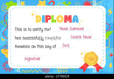 Blue Kindergarten kids diploma template with wax seal imitation. Boy congratulation blank. Stock vector illustration in flat style. Stock Vector