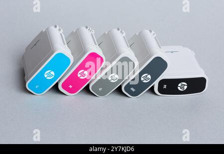 Aktau, Kazakhstan - March 23 2023: Cartridges color for wide format plotter on grey background. Stock Photo