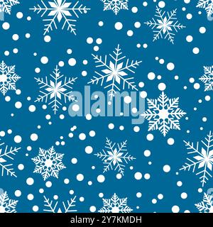 Seamless pattern of white snowflakes and dots on a blue background. Winter and holiday-themed design. Perfect for festive Christmas decor. Vector Stock Vector
