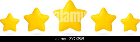 Rating 3d concept. Five yellow stars, realistic render elements. Review and feedback, work or service evaluation, clients star, vector scene Stock Vector