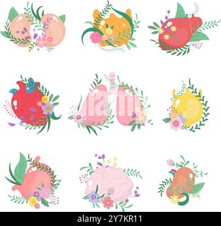 Internal organs with plants. Healthy human organ in flowers and branches. Person anatomy, heart lungs brain liver nowaday vector stickers design Stock Vector