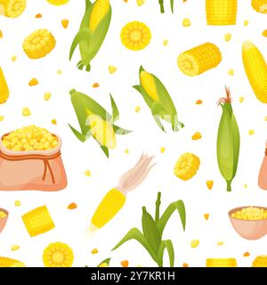 Corn cobs seamless pattern. Corns spikelets, yellow grains and cob in leaves. Agriculture fresh market, seasonal harvest. Organic raw vector Stock Vector
