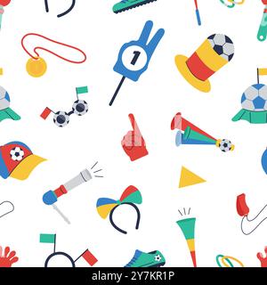 Football fans attributes. Flags foam finger whistles and horns. Sport fanatics elements seamless pattern, soccer tools vector background Stock Vector