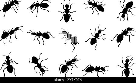 Black ants silhouettes. Isolated ant working walking marching. Work in ground insects colony. Flat insect, nature organic characters neoteric vector Stock Vector