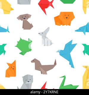 Paper japanese animal figures. Origami seamless pattern, birg lion dog turtle giraffe polygonal characters. Decorative print design, vector background Stock Vector
