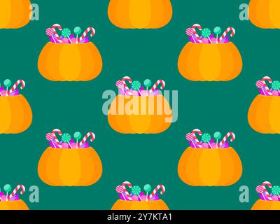 Halloween seamless pattern with pumpkins filled with candies and lollipops. Jack o lantern filled with candies for Halloween treats. Design for banner Stock Vector