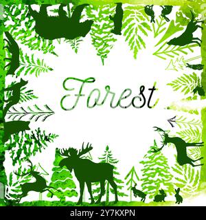 Frame forest with animals. hand drawing. Not AI Vector illustration Stock Vector