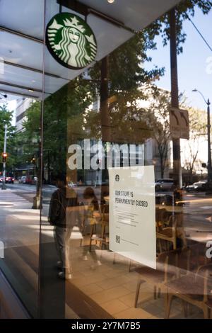 Seattle, USA. 30th Sep, 2024. Starbucks recently announced the closure of the 5th and Pike store, an immediate reason was not given. This follows the closure of the 1st and Pike store. 5th and Pike has seen a high amount of closures including Banana Republic and Ann Taylor Loft. The area has struggled with an increase in crime and drug use following the covid shutdown.  James Anderson/Alamy Live news Stock Photo