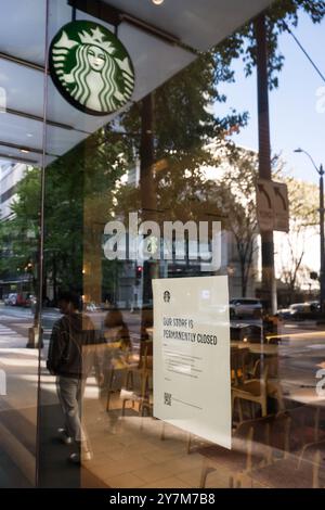 Seattle, USA. 30th Sep, 2024. Starbucks recently announced the closure of the 5th and Pike store, an immediate reason was not given. This follows the closure of the 1st and Pike store. 5th and Pike has seen a high amount of closures including Banana Republic and Ann Taylor Loft. The area has struggled with an increase in crime and drug use following the covid shutdown.  James Anderson/Alamy Live news Stock Photo