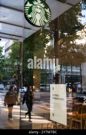 Seattle, USA. 30th Sep, 2024. Starbucks recently announced the closure of the 5th and Pike store, an immediate reason was not given. This follows the closure of the 1st and Pike store. 5th and Pike has seen a high amount of closures including Banana Republic and Ann Taylor Loft. The area has struggled with an increase in crime and drug use following the covid shutdown.  James Anderson/Alamy Live news Stock Photo