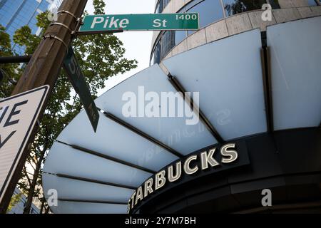 Seattle, USA. 30th Sep, 2024. Starbucks recently announced the closure of the 5th and Pike store, an immediate reason was not given. This follows the closure of the 1st and Pike store. 5th and Pike has seen a high amount of closures including Banana Republic and Ann Taylor Loft. The area has struggled with an increase in crime and drug use following the covid shutdown.  James Anderson/Alamy Live news Stock Photo