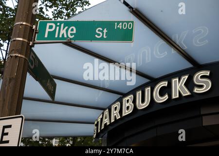 Seattle, USA. 30th Sep, 2024. Starbucks recently announced the closure of the 5th and Pike store, an immediate reason was not given. This follows the closure of the 1st and Pike store. 5th and Pike has seen a high amount of closures including Banana Republic and Ann Taylor Loft. The area has struggled with an increase in crime and drug use following the covid shutdown.  James Anderson/Alamy Live news Stock Photo