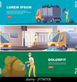 urban service. outdoor people in uniform cleaning and care self city. cleaning garbage vector horizontal banners Stock Vector