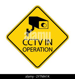 A bright yellow warning sign featuring a CCTV camera icon with the text "CCTV IN OPERATION" to indicate active surveillance for security purposes. Stock Vector