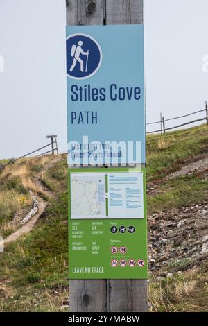 East Coast Trail Stiles Cove Path sign in Pouch Cove, Newfoundland & Labrador, Canada Stock Photo