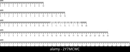 Set of ruler scales with 10, 20, 25 and 30 centimeters markup isolated on white background. Math or sewing length measurement tool layout. Vector graphic illustration. Stock Vector