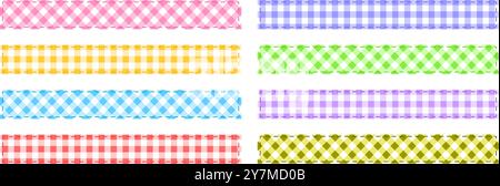 Textile tapes with checkered pattern and stitched border lines. Rectangular patches with gingham or vichy fabric print isolated on white background. Vector flat illustration. Stock Vector