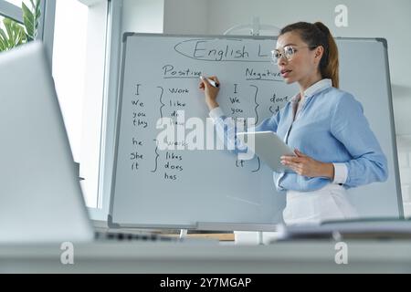 Confident female teacher pointing whiteboard while having web conference at the classroom Stock Photo