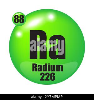 Radium icon. Ra chemical element. Atomic number 88. Mass 226. Green sphere. Stock Vector