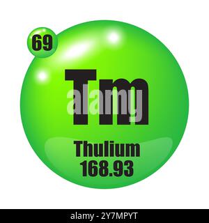 Thulium icon. Tm chemical element. Atomic number 69. Mass 168.93. Green sphere. Stock Vector