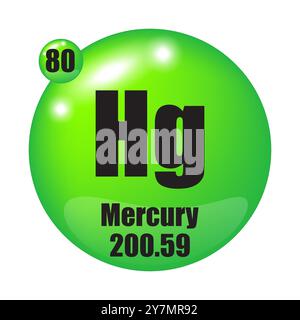 Mercury icon. Hg chemical element. Atomic number 80. Mass 200.59. Green sphere. Stock Vector