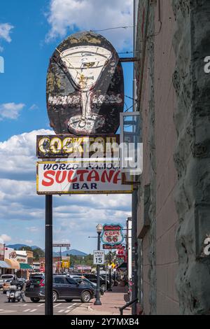 An old neon bar sign on Historic Route 66 in Williams, Arizona, USA Stock Photo