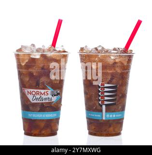 IRVINE, CALIFORNIA  - 28 SEPT 2024: Two disposable drink cups form Norns Restaurant. Stock Photo