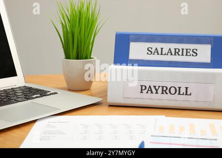 Payroll. Folders, charts and laptop on wooden table, closeup Stock ...