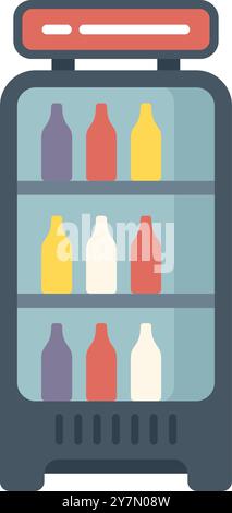 Display fridge filled with beverages in bottles standing on the floor in supermarket or grocery store Stock Vector