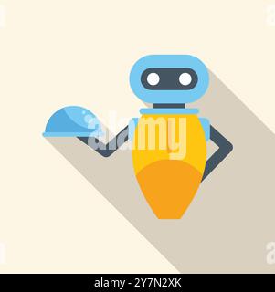 Robot waiter holding a serving tray, flat icon design with long shadow Stock Vector