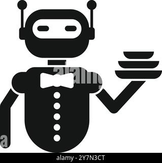 Robot waiter holding plates serving food in restaurant glyph icon, artificial intelligence concept, robotic waiter vector sign on white background, glyph style icon Stock Vector