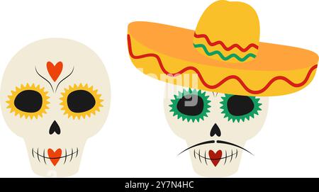 Painted Skeletons in sombrero with mustache and not Set of 2 design elements in trendy festive colors. Isolated Vector illustration Thematic greeting or invitation cards, poster, social media or web Stock Vector