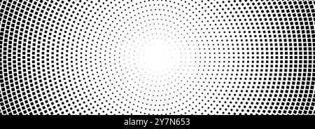 Halftone concentric dotted background. Square dots gradient texture. Radial fading comic gradation wallpaper. Black and white rough gritty overlay. Grunge circular monochrome pop art backdrop. Vector Stock Vector