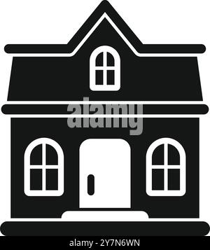 Black solid icon of a private one storey house with a porch, windows and a door, isolated on a white background Stock Vector