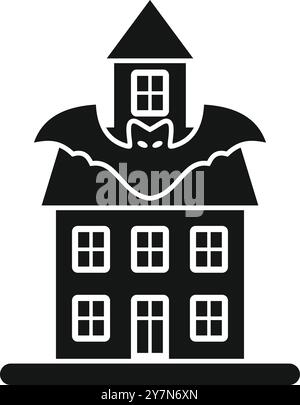 Black and white icon of a haunted house with a bat spreading its wings on the roof Stock Vector