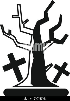 Simple vector icon of a dead tree with two graves growing on cemetery for apps and websites Stock Vector