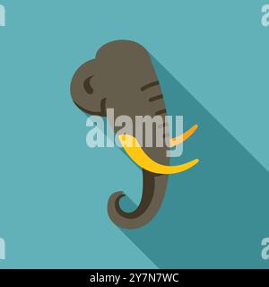 Cartoon elephant head looking right, featuring a long shadow on a blue background Stock Vector