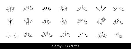 Line confetti exclamation icon elements. Hand drawn confetti explosion burst ray shine line icon illustration. Spark exclamation emphasis ray twinkle starburst decoration. Vector illustration. Stock Vector