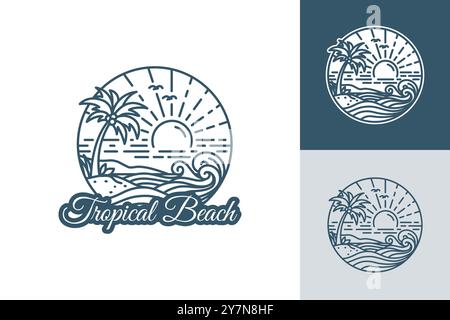 A stylized line art illustration of a tropical beach scene with a palm tree, setting sun, and waves. Stock Vector