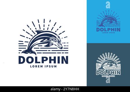 A stylized logo design featuring a black and white silhouette of a dolphin jumping out of the water with sun rays behind it. Stock Vector