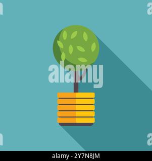 Small round shaped tree growing from coins stack in yellow pot with long shadow on blue background, flat vector illustration Stock Vector