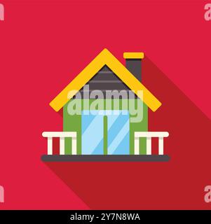 Simple icon of a family home with a balcony, chimney and large windows, in green and yellow on a red background Stock Vector