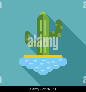 Minimalist illustration featuring a tall green cactus growing on a tiny floating island, symbolizing resilience and adaptation Stock Vector