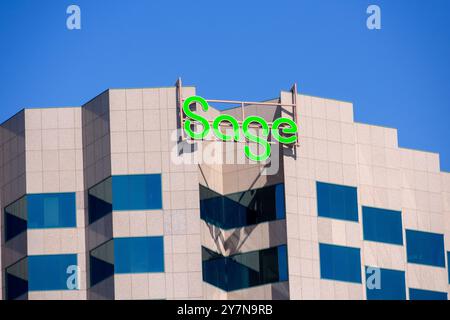 Sage sign, logo on the facade of corporate headquarters building of Sage Intacct, an American provider of cloud-based accounting software and services Stock Photo
