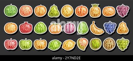 Vector Fruit Set, collection of cut out cartoon design different exotic fruits for healthy nutrition, horizontal banner with group of various colorful Stock Vector