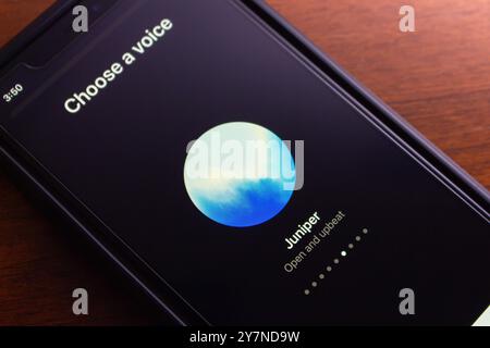 ChatGPT Advanced Voice Mode screen is displayed on an iPhone. Advanced Voice Mode is a feature that enhances voice interaction with ChatGPT Stock Photo