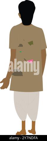 Beggar standing back view character design. Indian poor man wearing torn clothes and stray hair Stock Vector