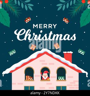 flat design merry christmas illustration with house and santa Stock Vector